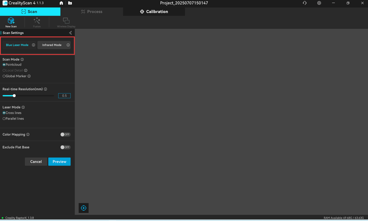 CrealityScan Raptor series scan settings